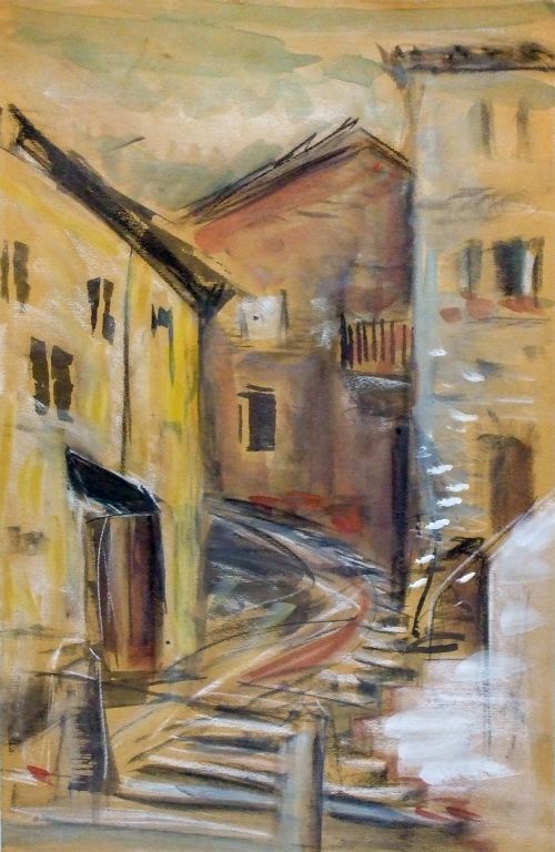 Assisi Street, mixed water media, charcoal and chalk on paper, 19 1/2"H x 12 1/2"W